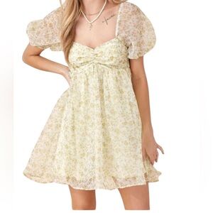 Baevely Yellow Floral Chiffon Puff Sleeve Babydoll Mini Dress L(12-14)